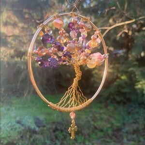 Handcrafted Elegant Gold and Purple Tree of Life Pendant w Gold Cross Pendant